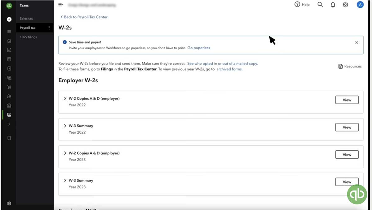 retrieve W-2s with quickbooks payroll screenshot