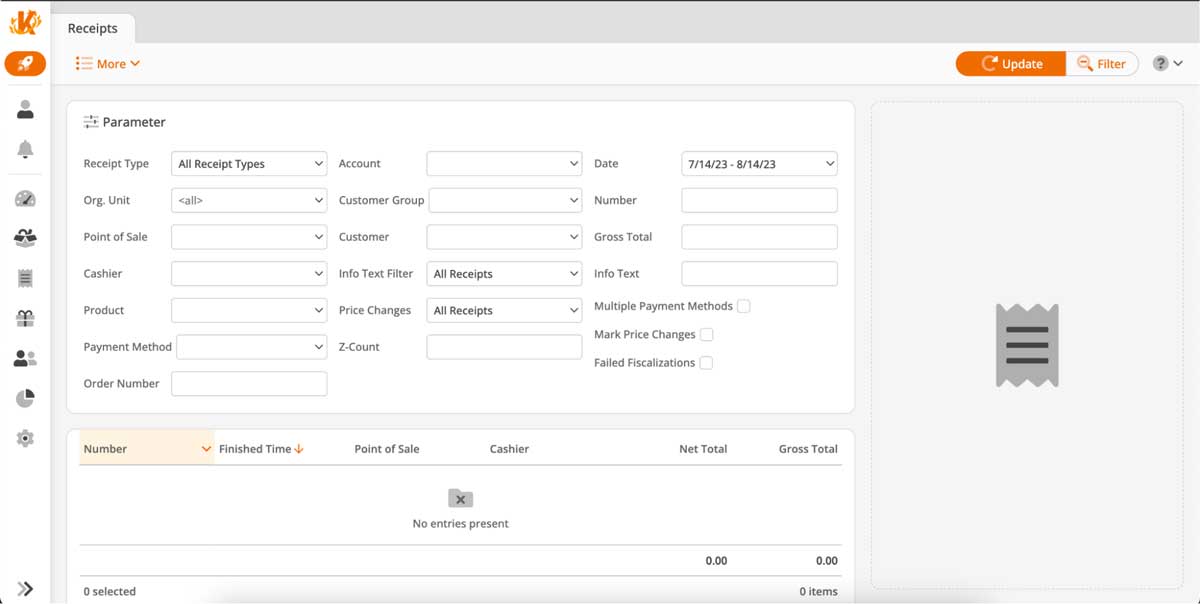 korona POS receipts dashboard screenshot