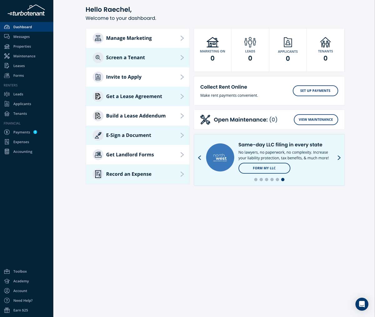 TurboTenant dashboard screenshot