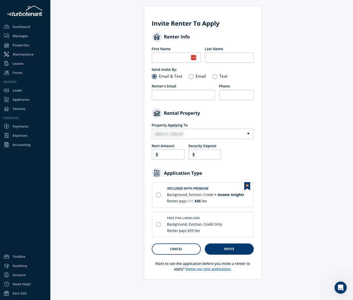 TurboTenant applicant invitation window screenshot