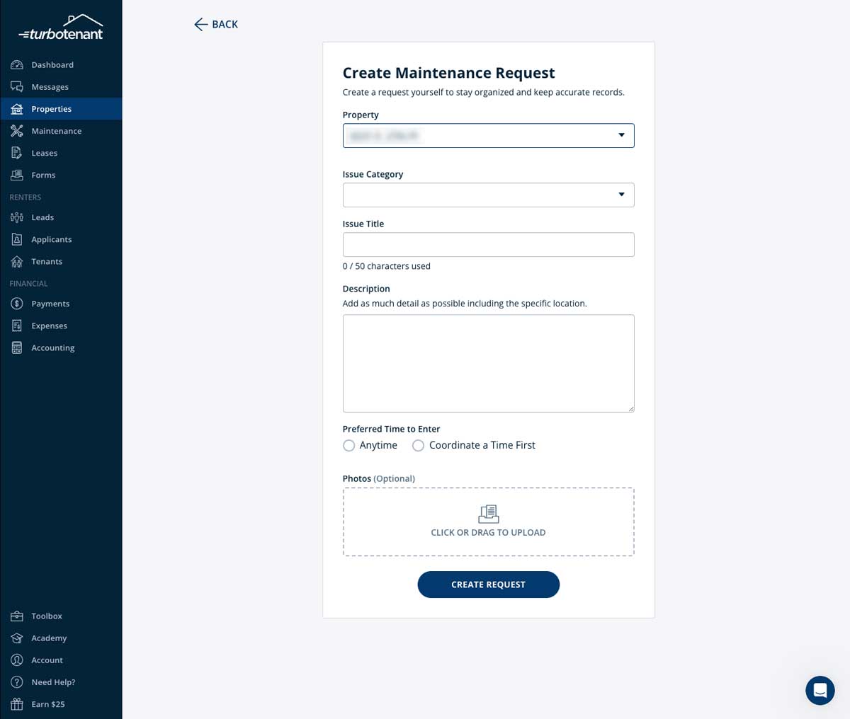 TurboTenant create maintenance request form screenshot