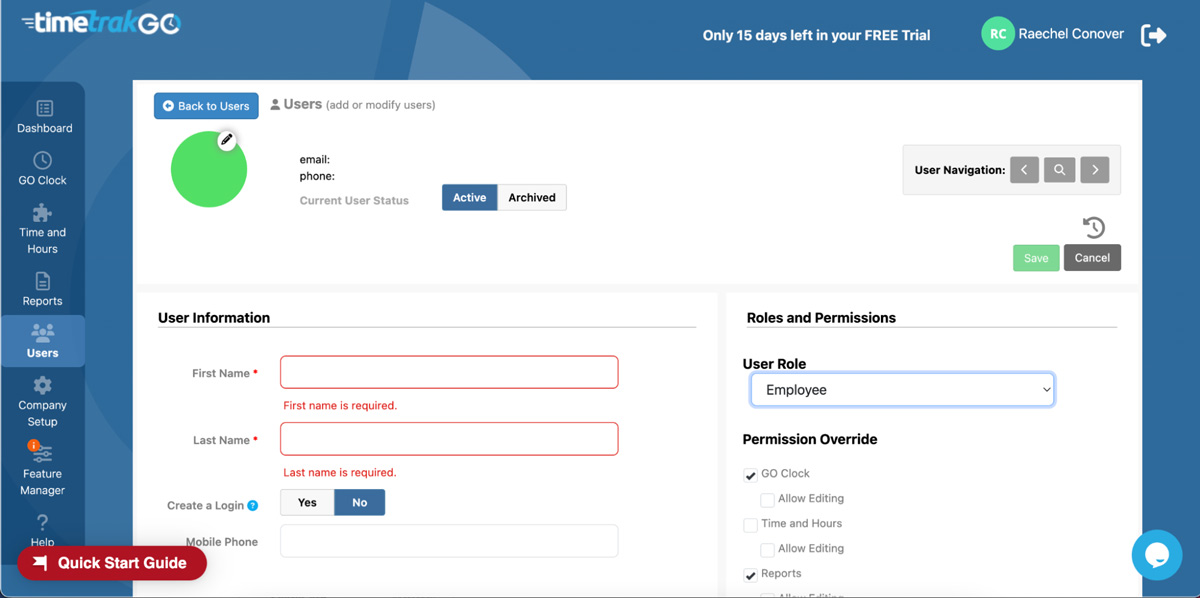 timetrakgo Time and Hours tab screenshot