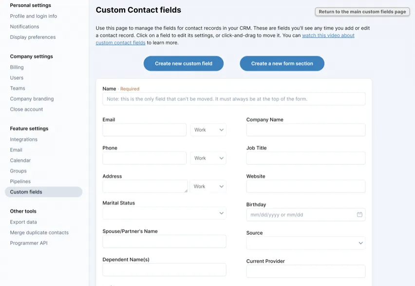 customer contact fields
