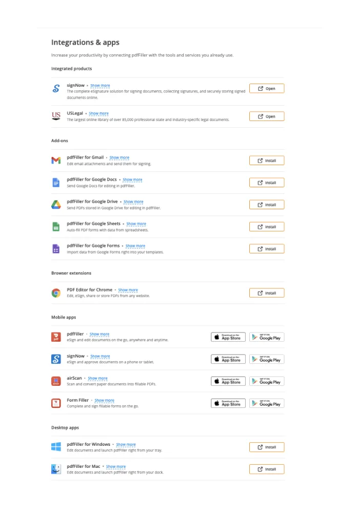 integrations available for pdffiller