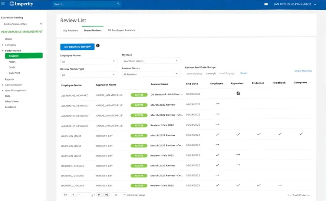 insperity performance reviews screenshot