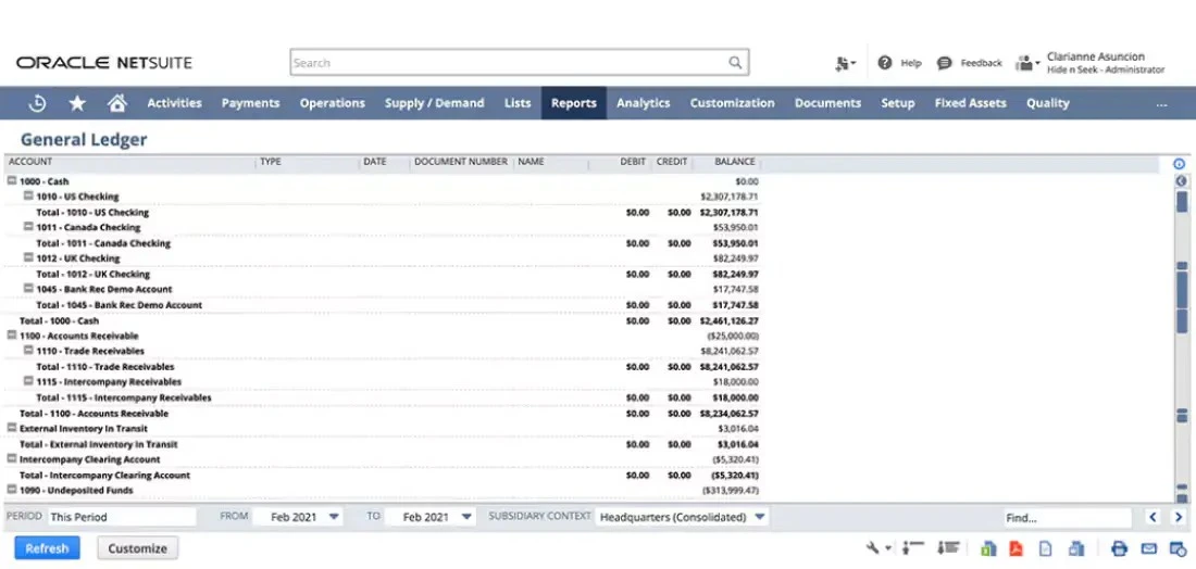 oracle netsuite general ledger screenshot