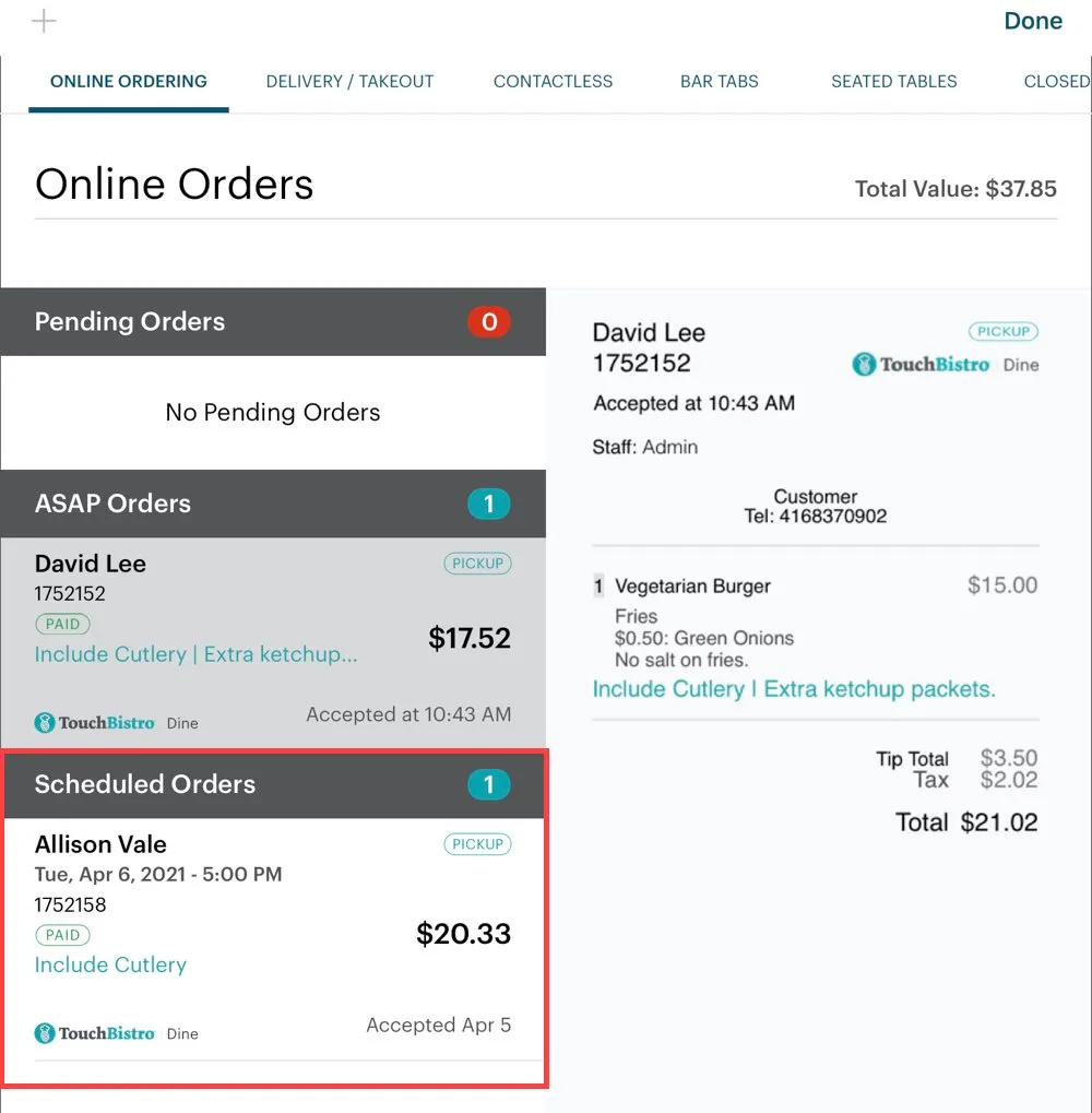 touchbistro online orders screenshot